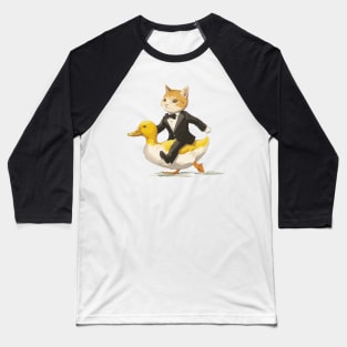 Funny Tuxedo Cat Riding Funny Duck Going To Party Baseball T-Shirt